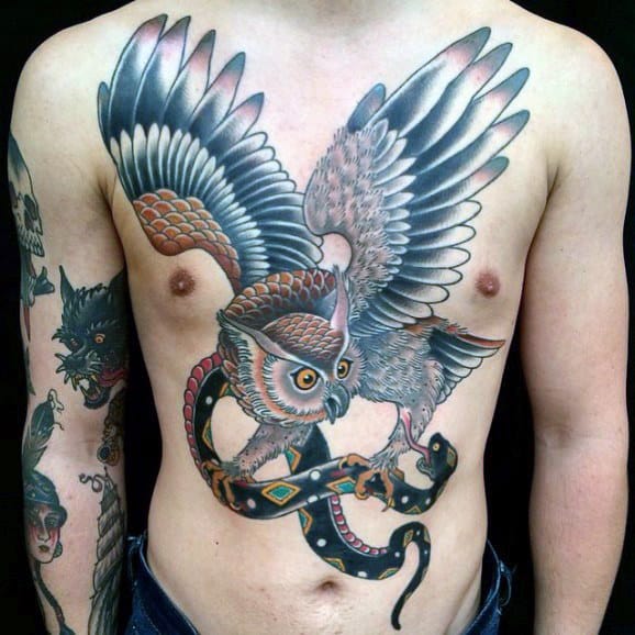Owl With Claws On Snake Mens Traditional Chest Tattoos