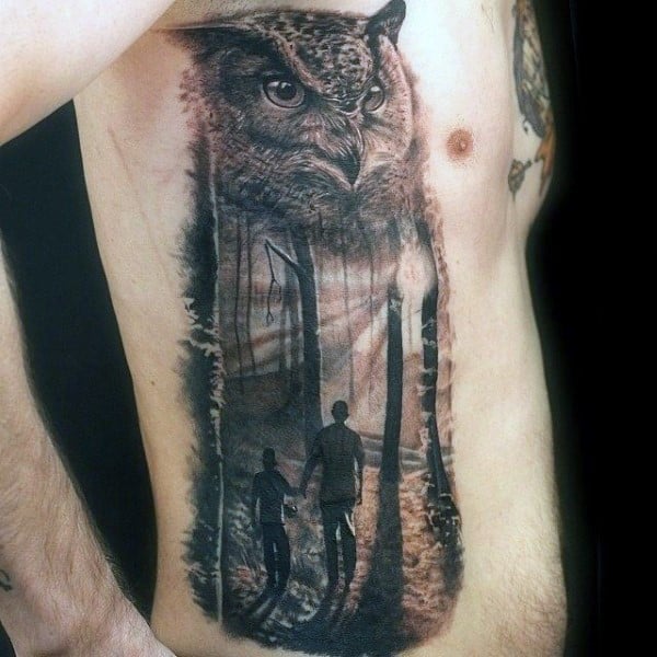 Owl With Couple Walking In Forest Realistic Rib Cage Side Tattoos For Guys