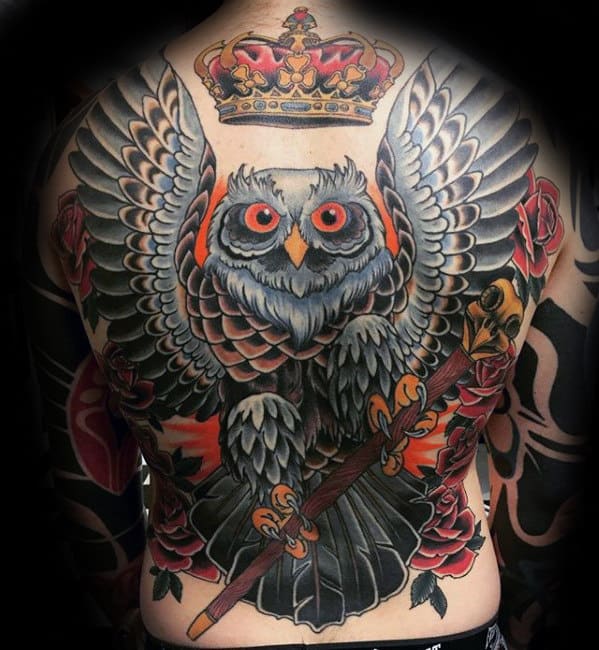 Owl With Crown Mens Retro Full Back Tattoo