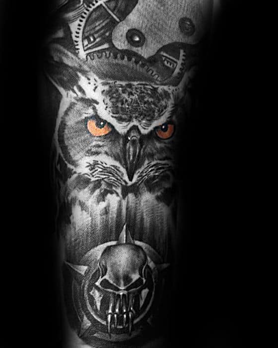Owl With Orange Eyes Mens Cool Shaded Inner Forearm Sleeve Tattoo