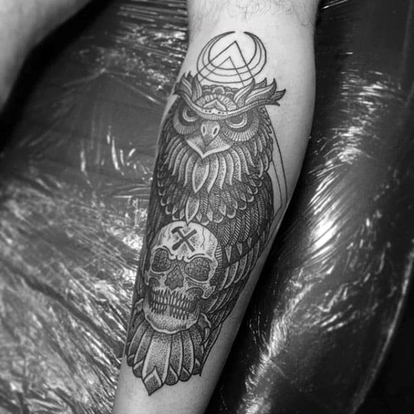 Owl With Skull Mens Pointillism Leg Tattoo