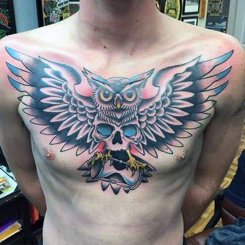 Owl With Skull Wings And Hourglass Traditional Upper Chest Tattoos For Guys