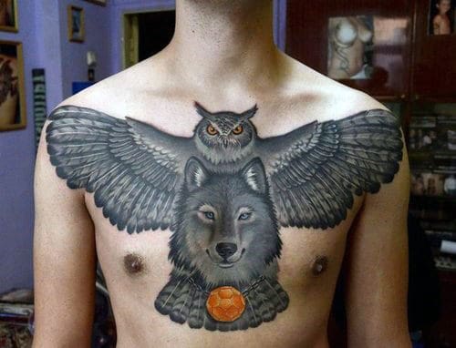 Owl With Wolf And Orange Necklace Grey Ink Male Chest Tattoos