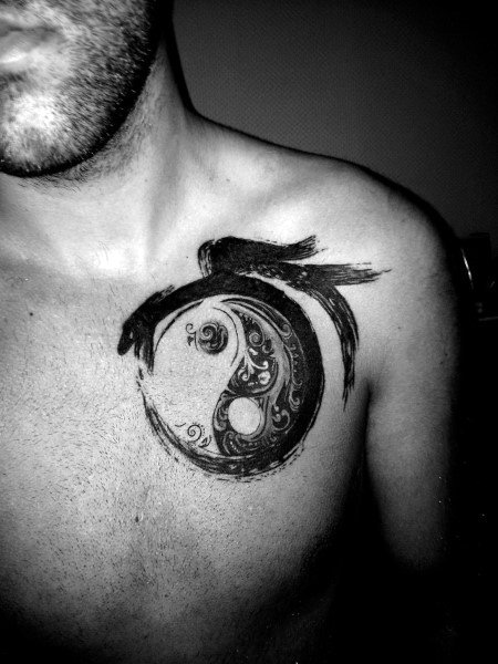 Paint Brush Dragon And Yin Yang Tattoos For Men On Chest
