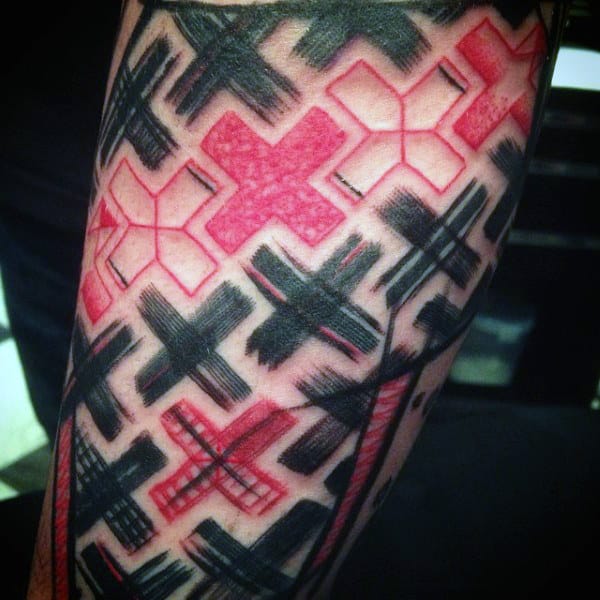 Paint Brush Stroke Pattern Red Ink Mens Sleeve Tattoo On Arm