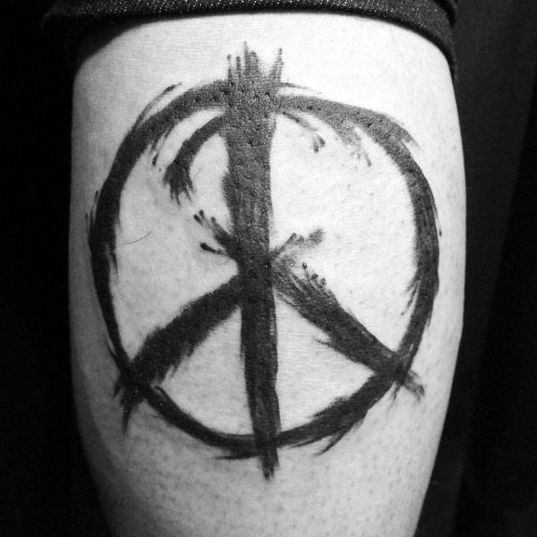 Paint Brush Stroke Peace Sign Thigh Tattos For Men