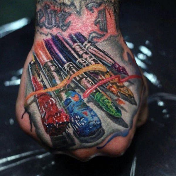 Paint Brushes With 3d Design Mens Colorful Hand Tattoos
