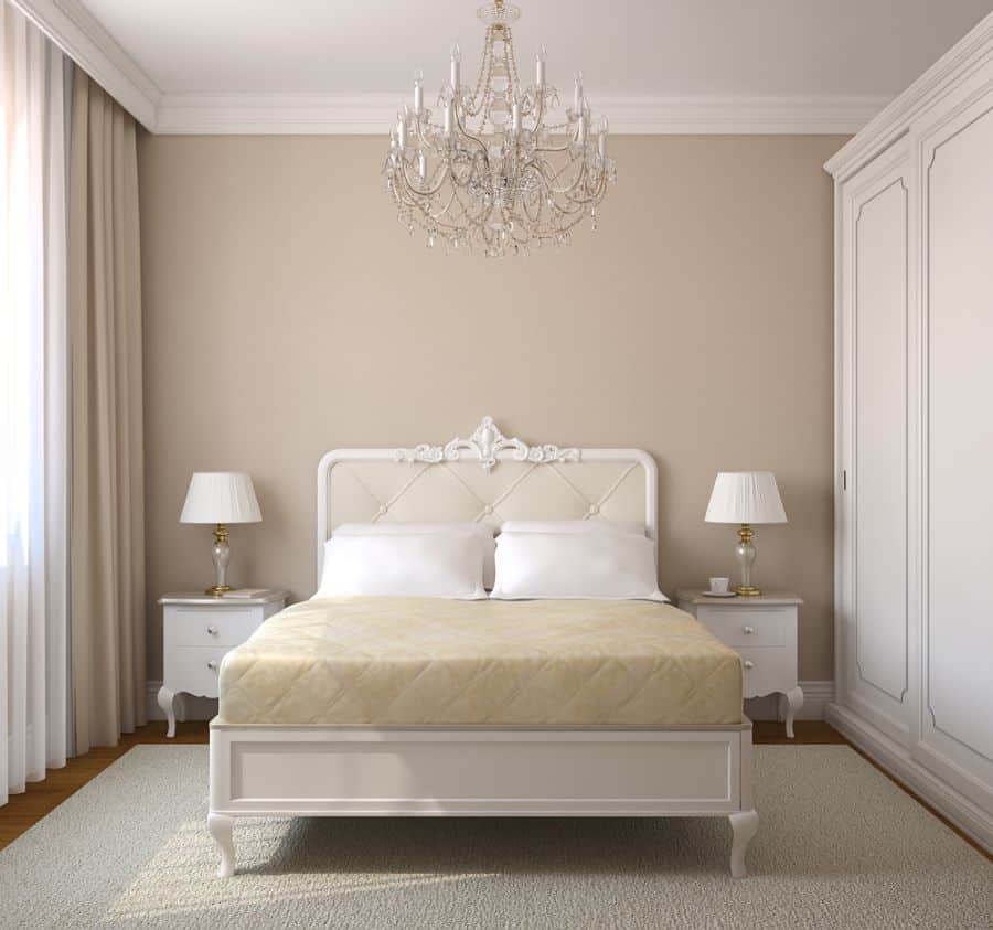 small minimalist master bedroom with chandelier