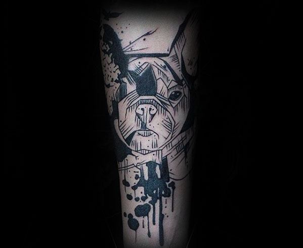 Paint Splatter With Sketched Design Bulldog Male Inner Forearm Tattoos