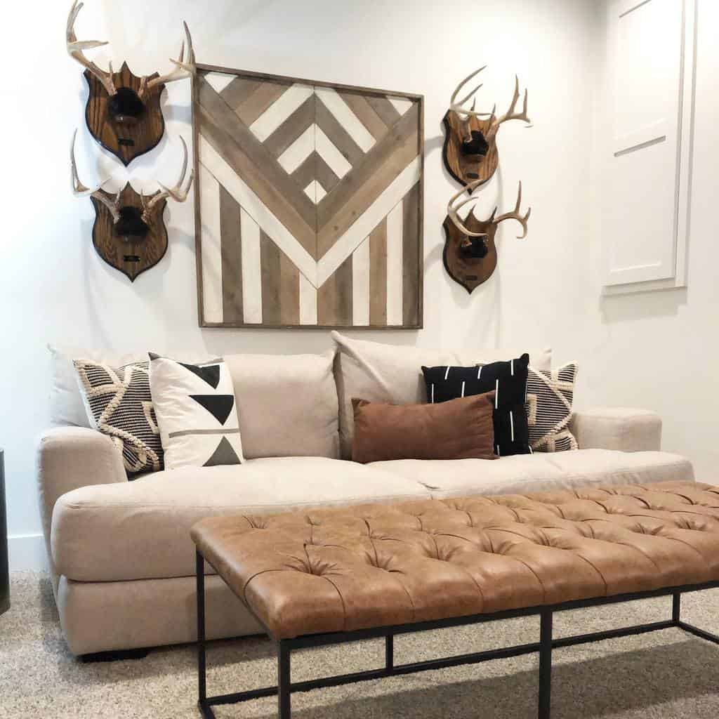 modern lounge room with deer heads on the wall
