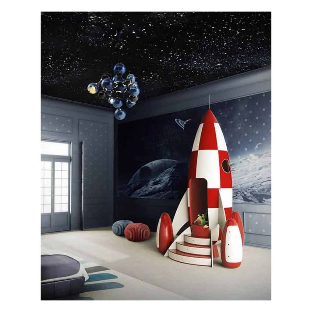 kids room with red and white space ship