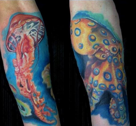 Painting Of Jellyfish Tattoo Male Forearms