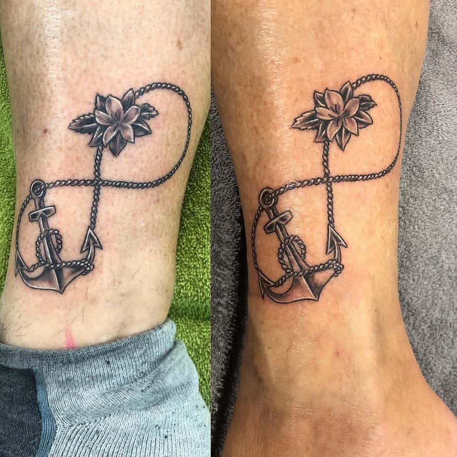 Pair Anchors Flowers White Highlights Rope Group Infinity Tattoo