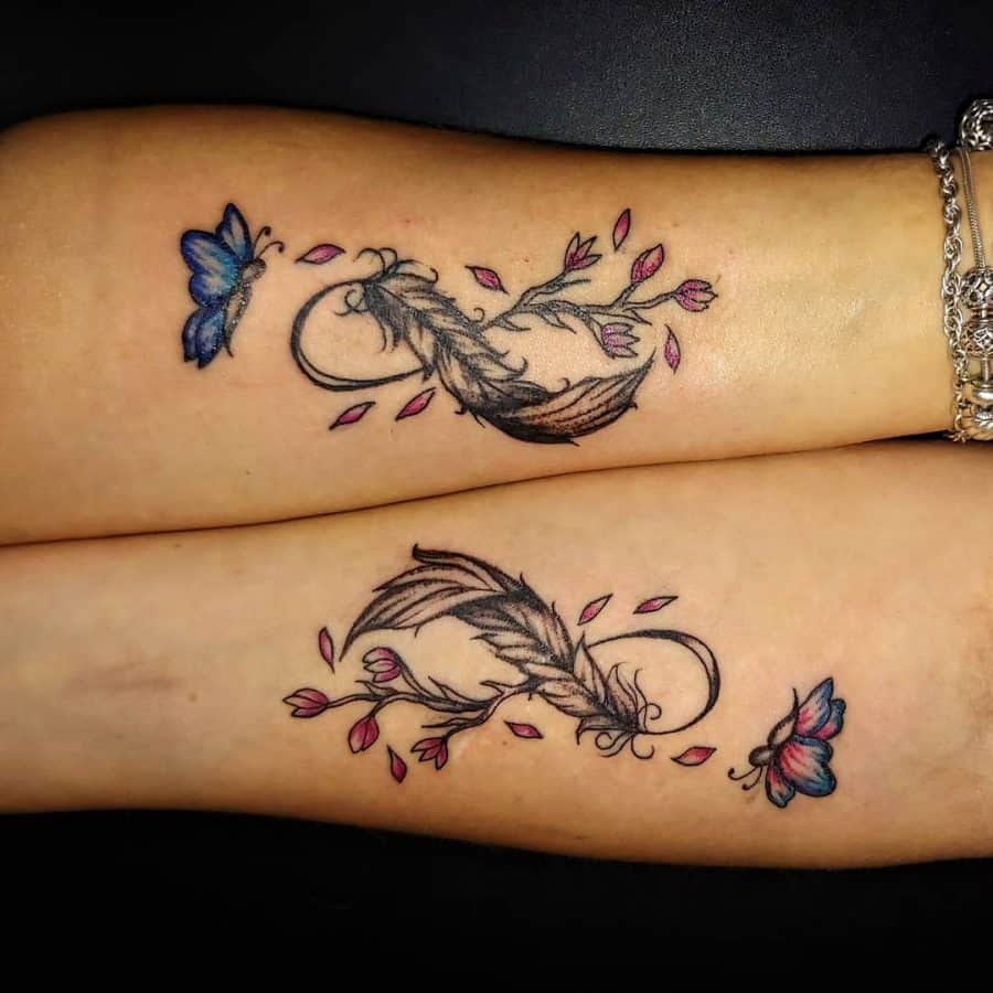 Pair Butterflies Feather Flowers Group Infinity Tattoo
