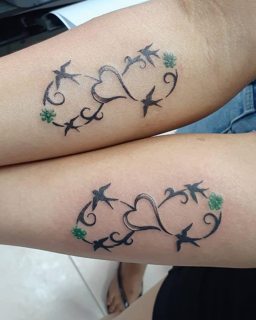 Pair Heart Birds Group Infinity Tattoo