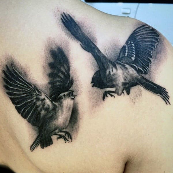 Pair Of 3D Grey Shaded Sparrow Tattoo On Mens Back