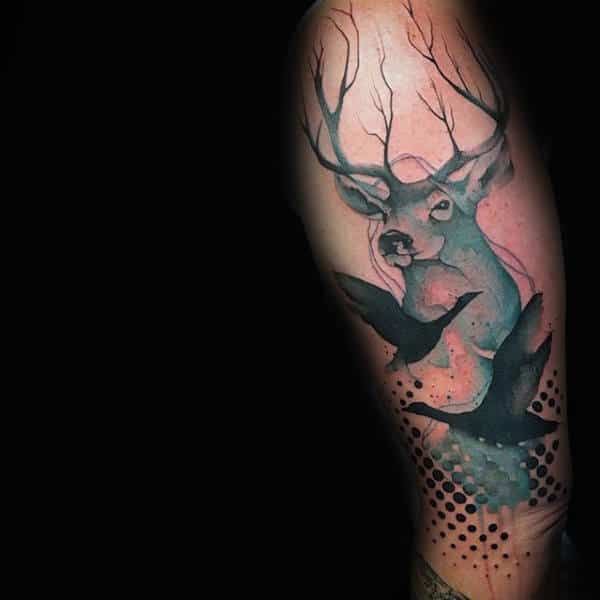 Pair Of Black Birds And Horned Beast Watercolor Tree Tattoo Mens Arms