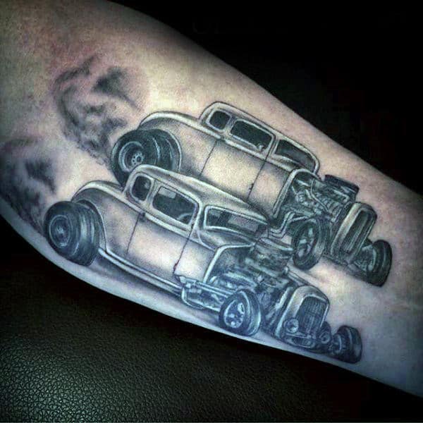 Pair Of Cars Hot Rod Tattoo Male Arms