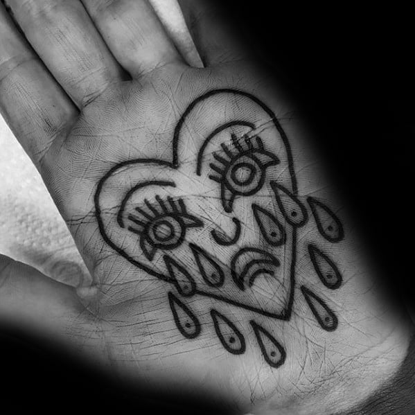 Palm Black Ink Outline Cool Crying Heart Tattoo Design Ideas For Male