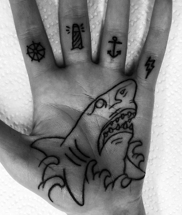 Palm Mens Traditional Shark Black Ink Outline Tattoo