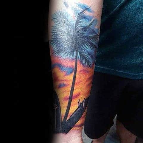 Palm Tree And Surf Boards Tattoo Male Forearms