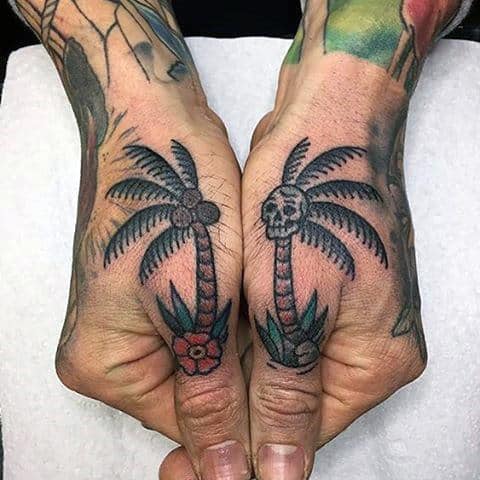 Palm Tree Coconut Skull Guys Finger And Hand Small Tattoo
