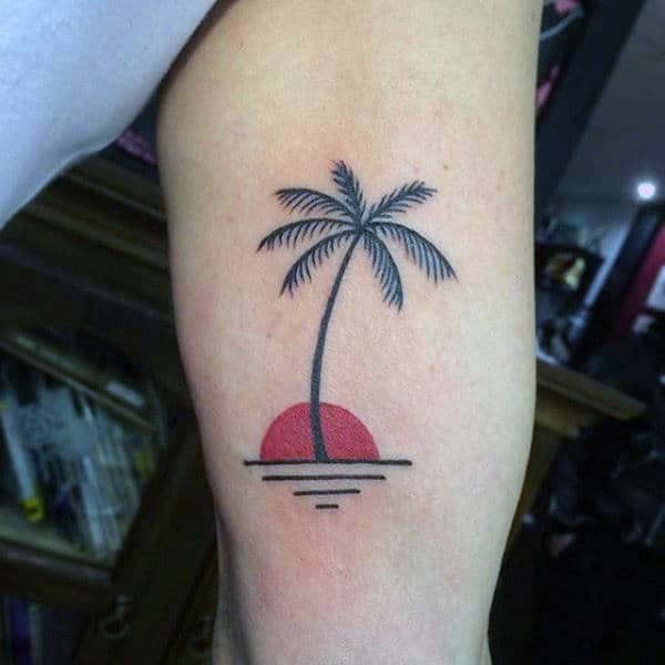 Palm Tree Tattoo With Sunset On Arms For Men