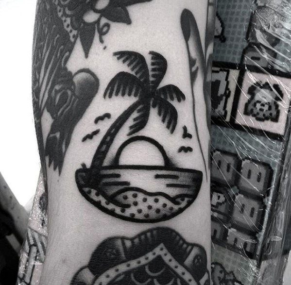 Palm Tree With Beach Guys Small Simple Traditional Arm Tattoo