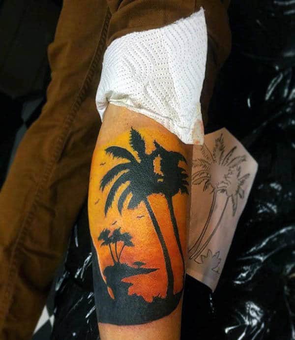 Palm Trees Silhouette With Sunset Mens Leg Sleeve Tattoo