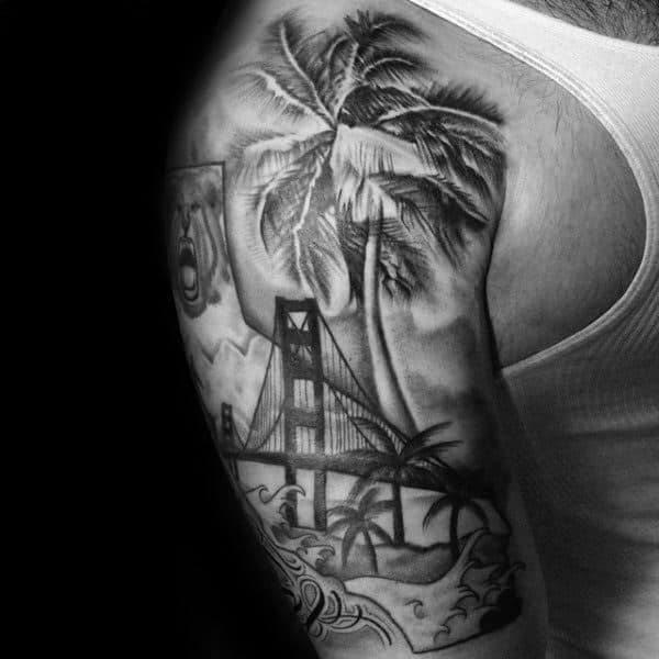 Palm Trees With Golden Gate Bridge Guys Half Sleeve Tattoos