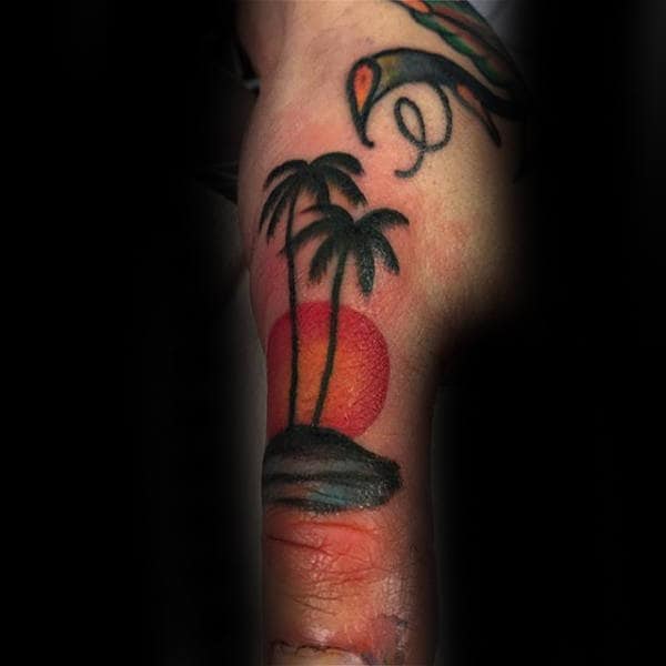 Palm Trees With Sun Thumb Tattoo On Gentleman