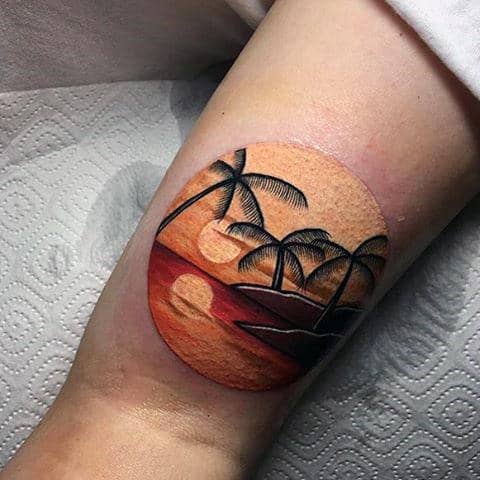 Palm Trees With Sunset Beach Landscape Circle Male Tattoos