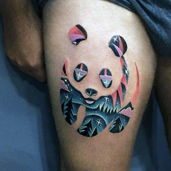 Panda Bear Outline With Forest Modern Mens Thigh Tattoo Designs
