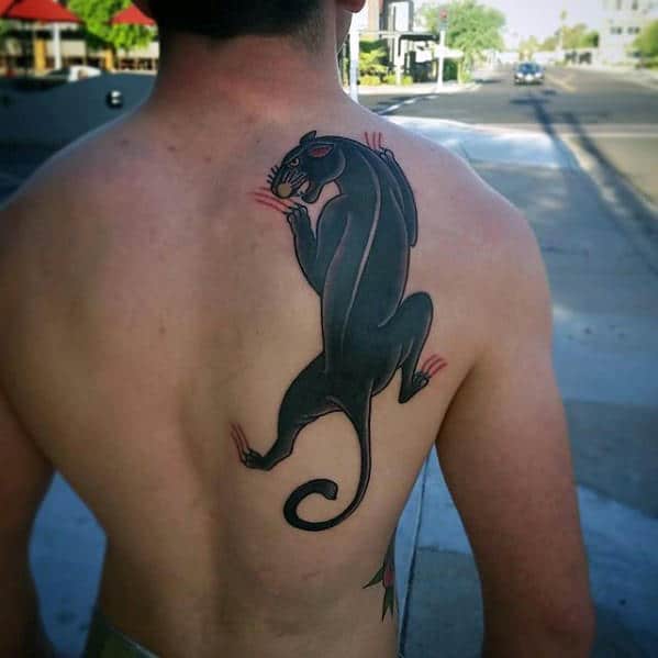 Panther Climbing Mens Back Traditional Tattoo