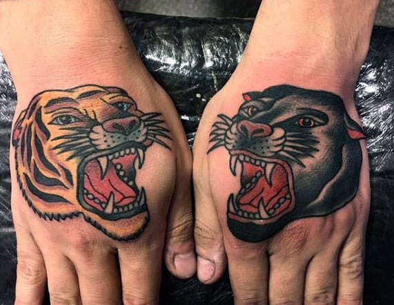 Panther With Tiger Traditional Guys Hand Tattoos