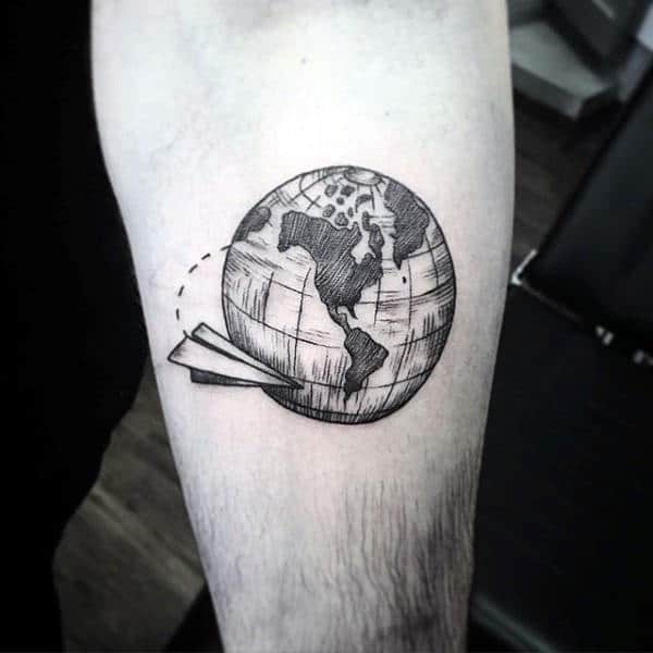 Paper Airplane Flying Around The Globe Mens Inner Forearm Tattoos