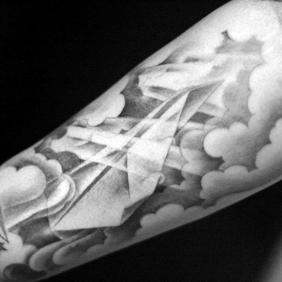 Paper Airplane In The Clouds Mens Arm Tattoo