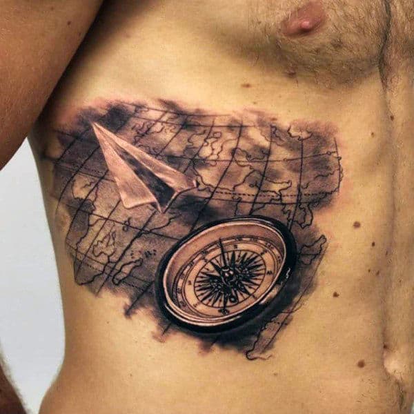 Paper Airplane World Map Ribs Tattoo For Men