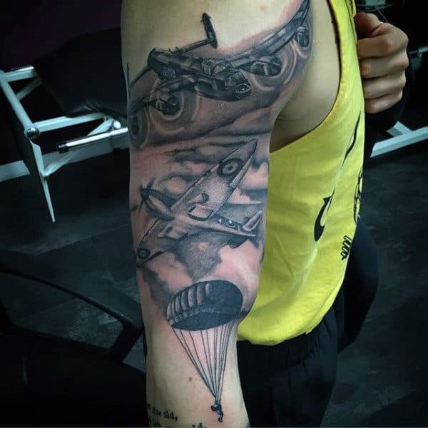 Parachute Airplane Mens Army Half Sleeve Tattoo Ideas