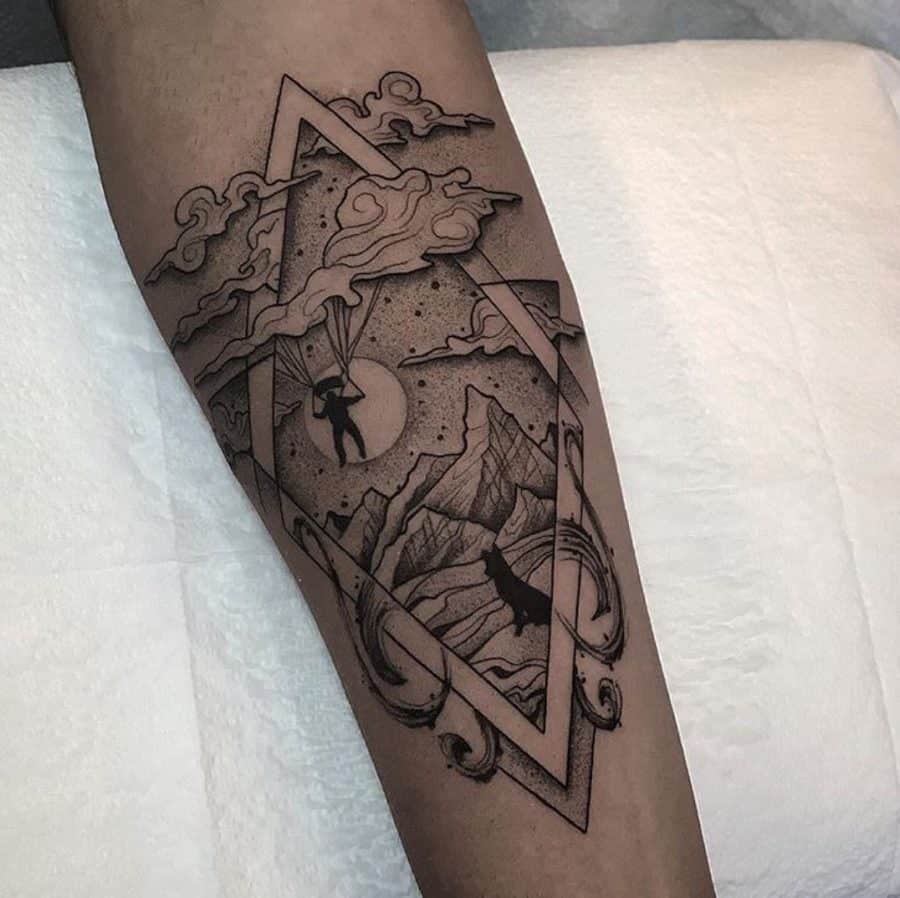Parachute Silhouette Moutain Scene Frmed By Diamonds And Clouds Dotwork Gemetric Tattoo