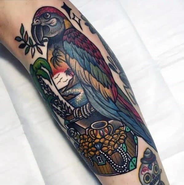 Parrot With Treasure Chest Mens Retro Forearm Tattoo