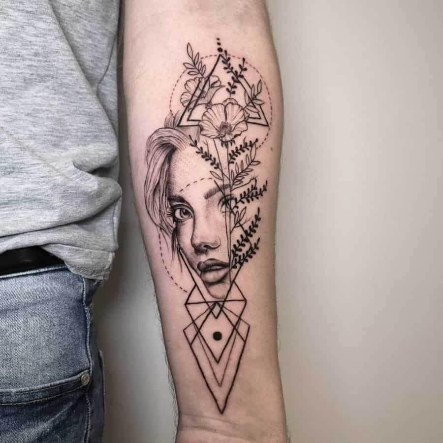 Partial Girls Face Framed By Shapes And Vines With Leaves Linework Geometric Tattoo