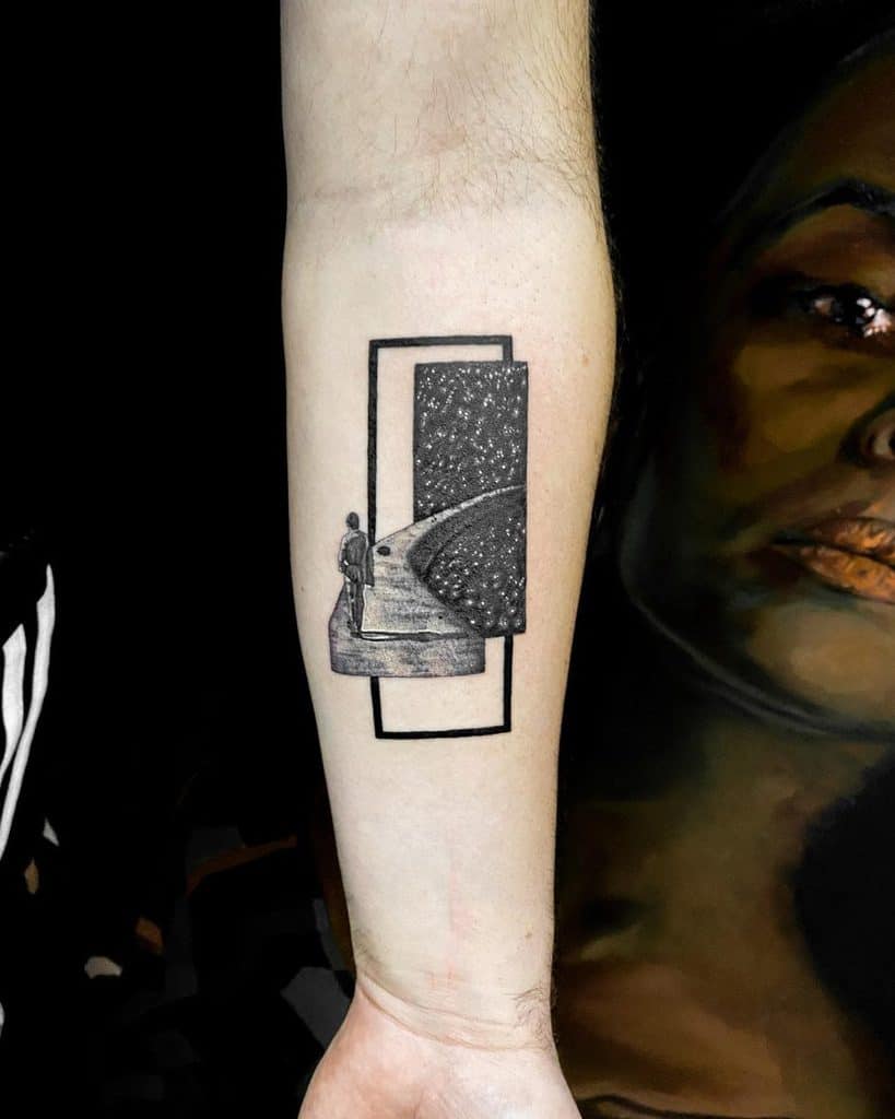 Pathway To Stars In Black Man Walks Through Doors Shapes Geometric Tattoo