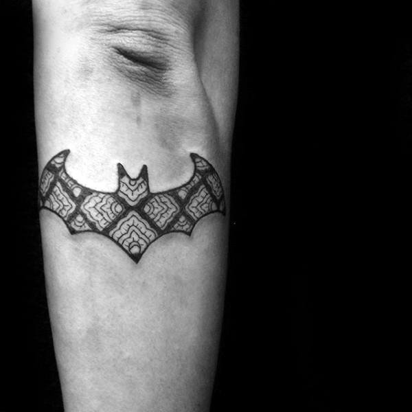 Pattern Batman Symbol Outer Forearm Tattoo On Guy