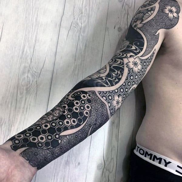 Pattern Black And Grey Male Unique Sleeve Tattoo Ideas