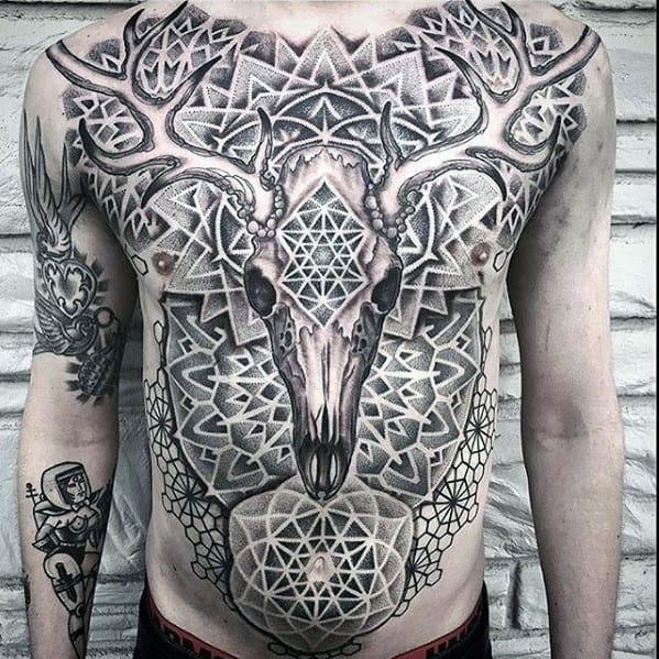 Pattern Deer Skull Geometric Chest Male Tattoo Ideas