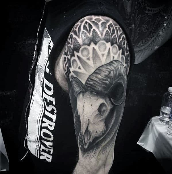 Pattern Geometric Design With Goat Skull Mens Half Sleeve Tattoo