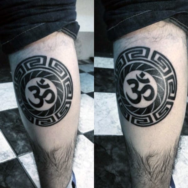 Pattern Male Om Leg Calf Tattoo With Black Ink