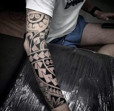 Pattern Maori Male Full Arm Sleeve Tattoo Design Inspiration