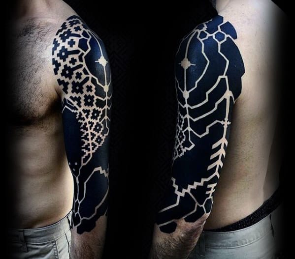 Pattern Negative Space With Blackwork Design Awesome Guys Sleeve Tattoos